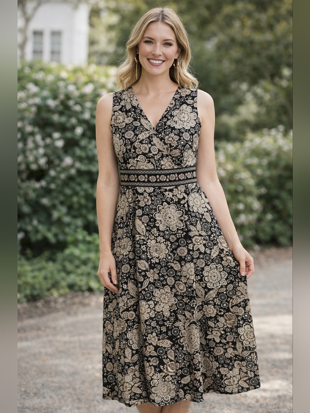 CROFT & BARROW Floral SLEEVELESS Black Tan SUMMER Stretch DRESS Women's Size 10